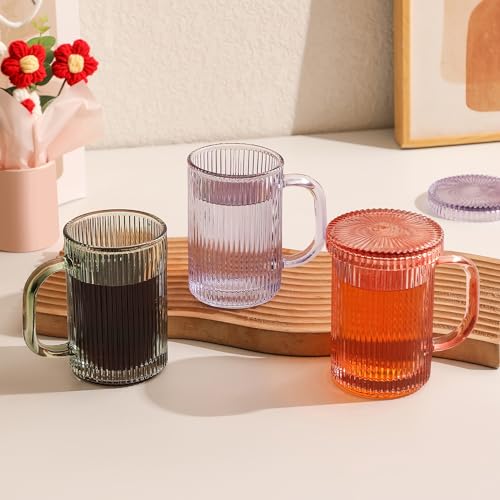 Lysenn Glass Coffee Mugs Set of 4 - Classic Vertical Stripe Tea Mug - Elegant Coffee Cup with Glass Lid for Latte, Espresso - Lovely Gift for Christmas, Anniversary and Birthday - 11 oz Rose Gold