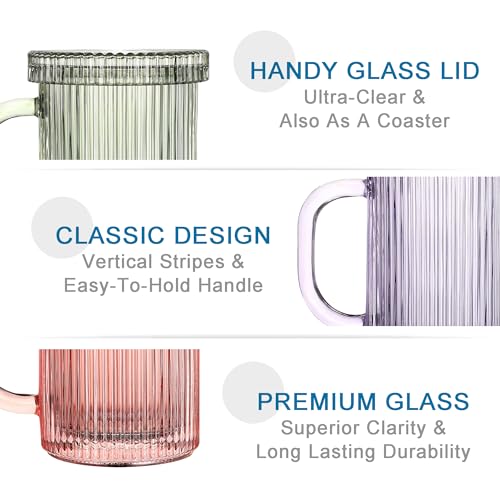 Lysenn Glass Coffee Mugs Set of 4 - Classic Vertical Stripe Tea Mug - Elegant Coffee Cup with Glass Lid for Latte, Espresso - Lovely Gift for Christmas, Anniversary and Birthday - 11 oz Rose Gold