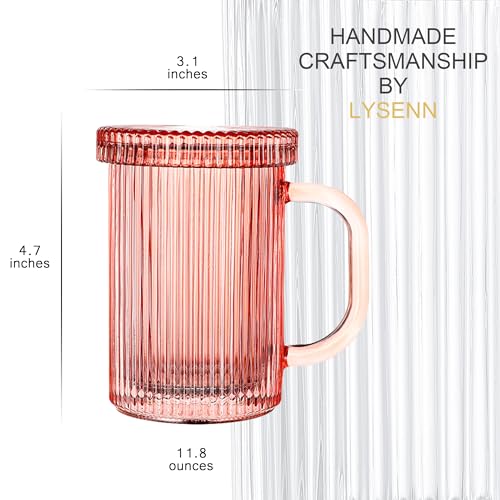 Lysenn Glass Coffee Mugs Set of 4 - Classic Vertical Stripe Tea Mug - Elegant Coffee Cup with Glass Lid for Latte, Espresso - Lovely Gift for Christmas, Anniversary and Birthday - 11 oz Rose Gold