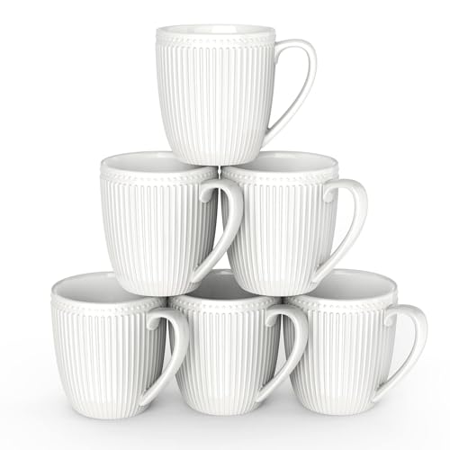 Set of 6 Embossed White Coffee Mugs