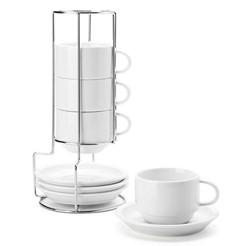 Stackable Porcelain Cappuccino Cups and Saucers Set