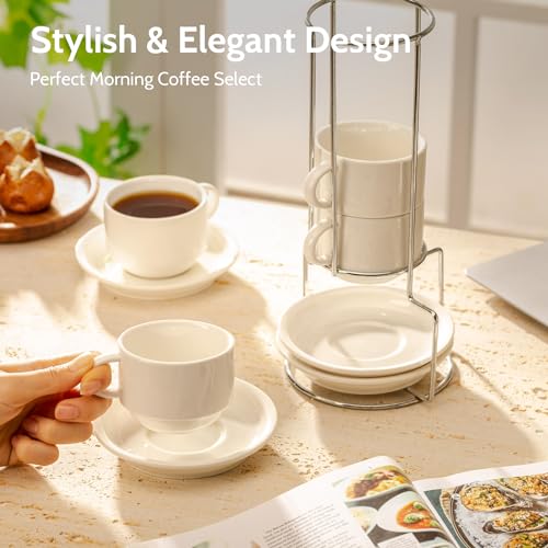 Stackable Porcelain Cappuccino Cups and Saucers Set