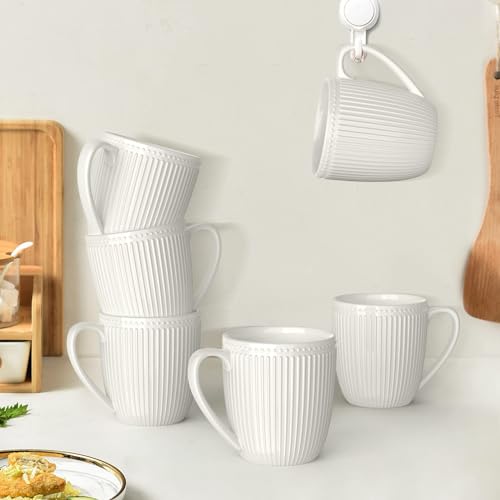 Set of 6 Embossed White Coffee Mugs