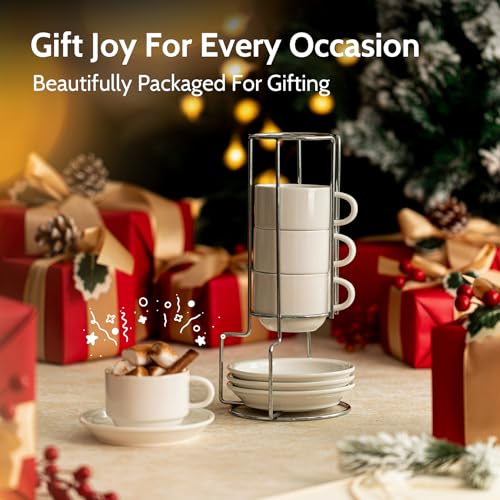 Stackable Porcelain Cappuccino Cups and Saucers Set