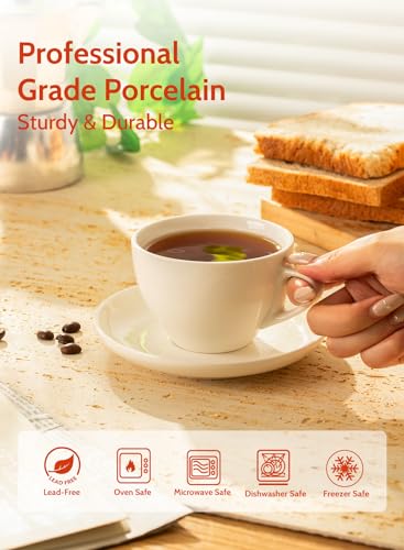 Sweese 6oz Porcelain Cappuccino Cups with Saucers