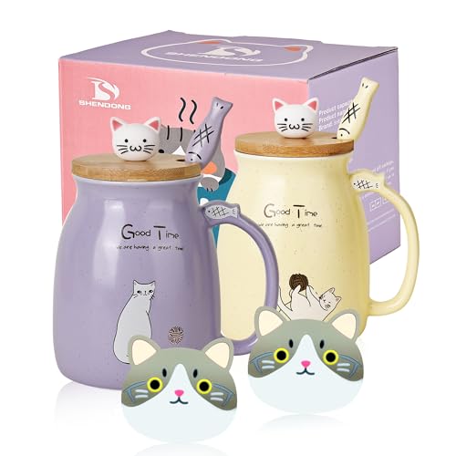Cute Cat Mugs Set with Bamboo Lid & Spoon