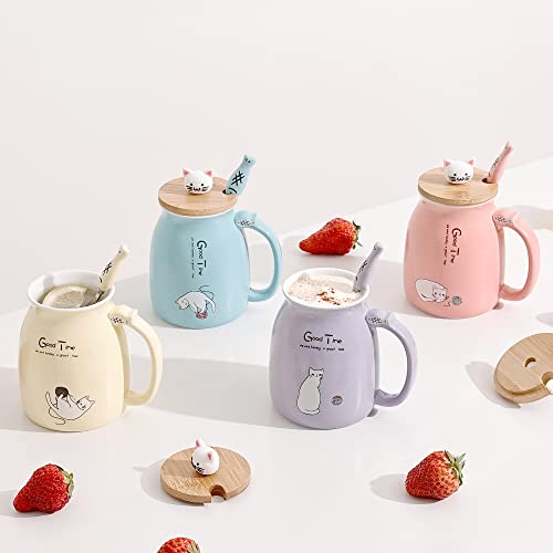 Cute Cat Mugs Set with Bamboo Lid & Spoon