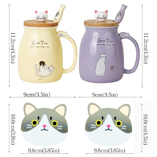 Cute Cat Mugs Set with Bamboo Lid & Spoon