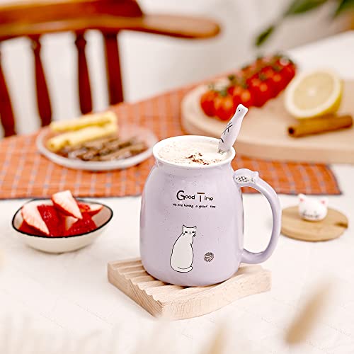 Cute Cat Mugs Set with Bamboo Lid & Spoon