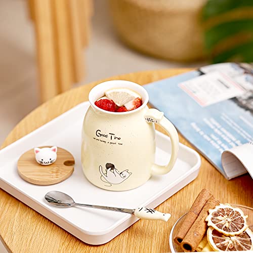 Cute Cat Mugs Set with Bamboo Lid & Spoon