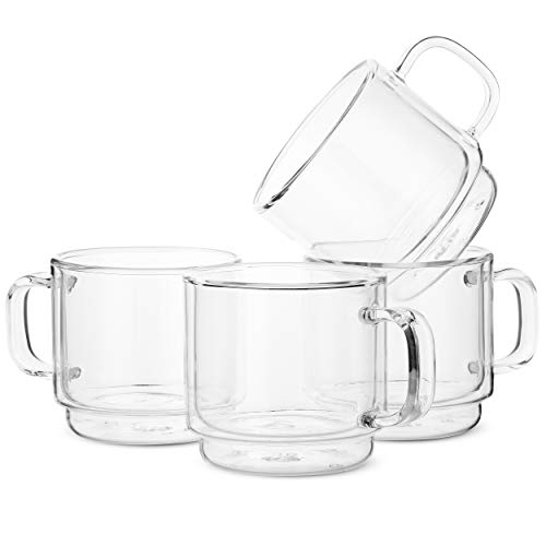 BTaT- Stackable Insulated Coffee Mugs, Glass Tea Mugs, Set of 4 (12 oz, 350 ml), Double Wall Glass Coffee Cups, Tea Cups, Latte Cups, Beer Glasses, Latte Mug, Clear Mugs