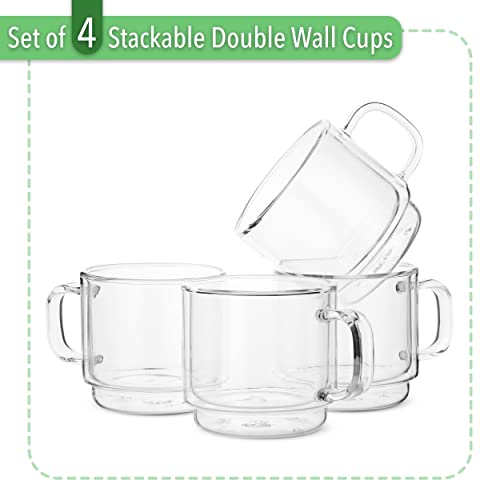 BTaT- Stackable Insulated Coffee Mugs, Glass Tea Mugs, Set of 4 (12 oz, 350 ml), Double Wall Glass Coffee Cups, Tea Cups, Latte Cups, Beer Glasses, Latte Mug, Clear Mugs