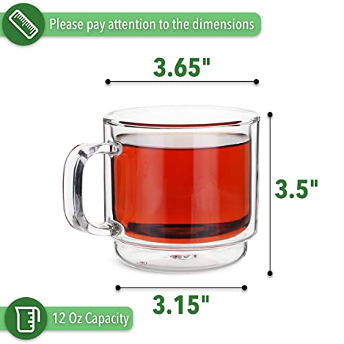 BTaT- Stackable Insulated Coffee Mugs, Glass Tea Mugs, Set of 4 (12 oz, 350 ml), Double Wall Glass Coffee Cups, Tea Cups, Latte Cups, Beer Glasses, Latte Mug, Clear Mugs