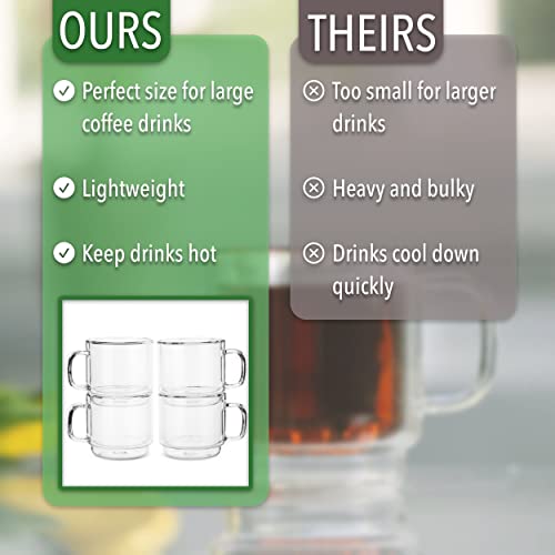 BTaT- Stackable Insulated Coffee Mugs, Glass Tea Mugs, Set of 4 (12 oz, 350 ml), Double Wall Glass Coffee Cups, Tea Cups, Latte Cups, Beer Glasses, Latte Mug, Clear Mugs