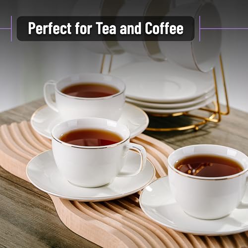 Elegant White Tea Cups Set with Gold Trim