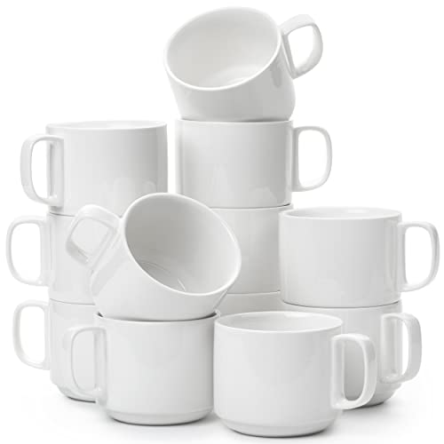 Stackable White Coffee Mugs, 12 Pack, 12 Oz