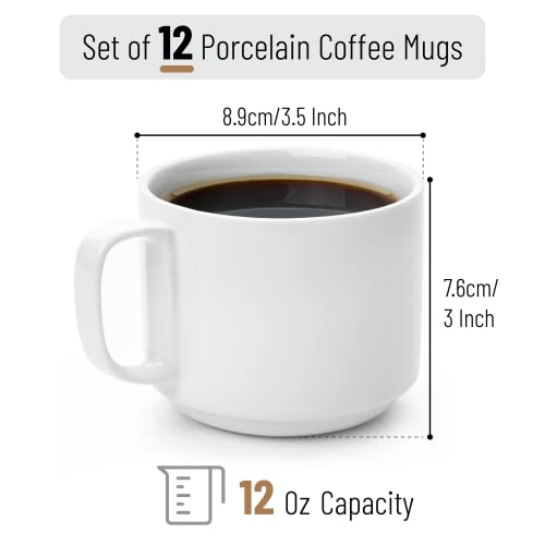 Stackable White Coffee Mugs, 12 Pack, 12 Oz
