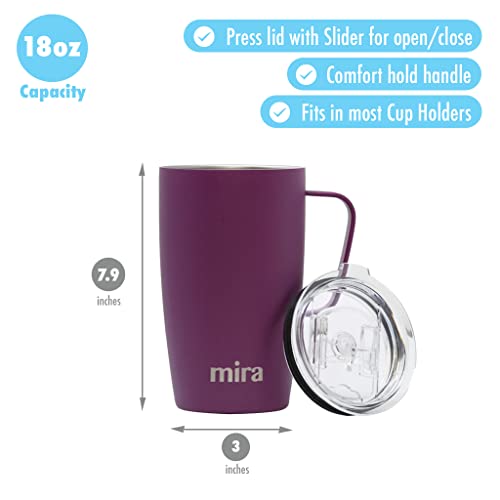 MIRA 18 oz Insulated Coffee Mug with Handle and Lid, Cup Holder Friendly, Stainless Steel, Iris
