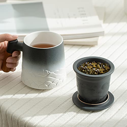 ZENS Tea Mug with Infuser and Lid for Loose Leaf Tea Steeper, 16.9oz Embossed Ceramic Tea Cup with Fine Tea Strainers, Wood Handle Large Tea Diffusers Mugs, Tea Accessories for Tea Lovers Gifts