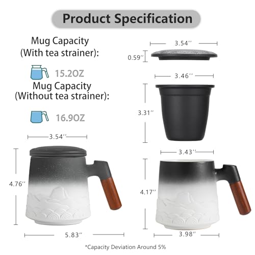 ZENS Tea Mug with Infuser and Lid for Loose Leaf Tea Steeper, 16.9oz Embossed Ceramic Tea Cup with Fine Tea Strainers, Wood Handle Large Tea Diffusers Mugs, Tea Accessories for Tea Lovers Gifts