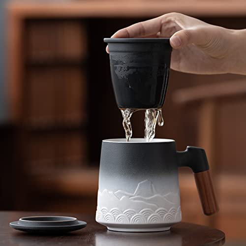 ZENS Tea Mug with Infuser and Lid for Loose Leaf Tea Steeper, 16.9oz Embossed Ceramic Tea Cup with Fine Tea Strainers, Wood Handle Large Tea Diffusers Mugs, Tea Accessories for Tea Lovers Gifts