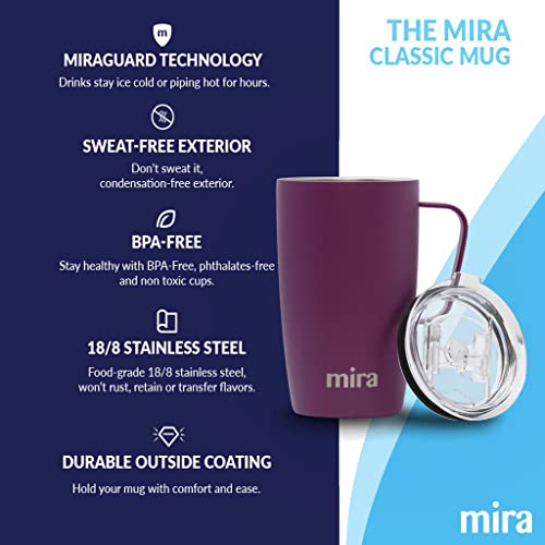 MIRA 18 oz Insulated Coffee Mug with Handle and Lid, Cup Holder Friendly, Stainless Steel, Iris