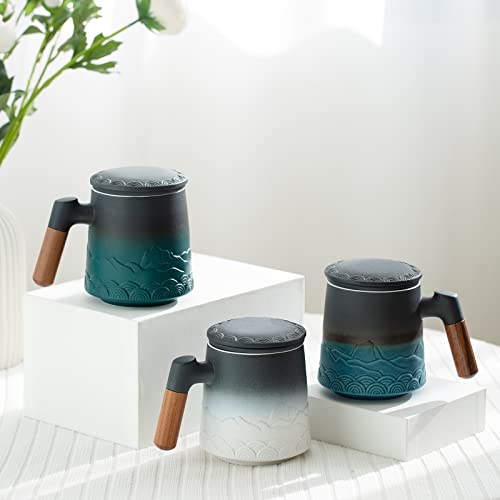 ZENS Tea Mug with Infuser and Lid for Loose Leaf Tea Steeper, 16.9oz Embossed Ceramic Tea Cup with Fine Tea Strainers, Wood Handle Large Tea Diffusers Mugs, Tea Accessories for Tea Lovers Gifts