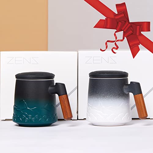 ZENS Tea Mug with Infuser and Lid for Loose Leaf Tea Steeper, 16.9oz Embossed Ceramic Tea Cup with Fine Tea Strainers, Wood Handle Large Tea Diffusers Mugs, Tea Accessories for Tea Lovers Gifts