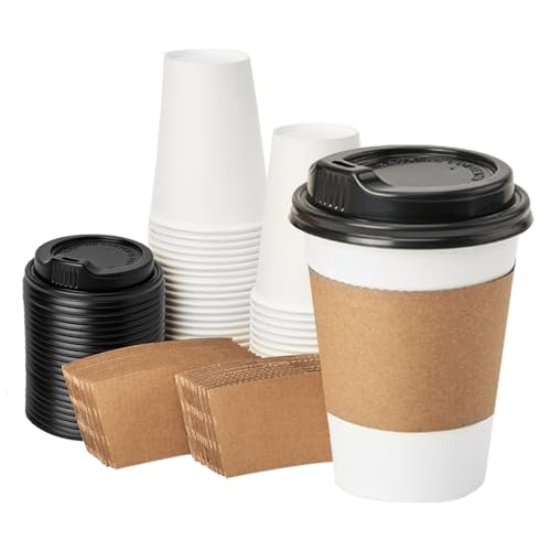 RACETOP [50 pack] 12 oz Disposable Paper Cups with Lids and Sleeves, Ideal for Hot Beverages