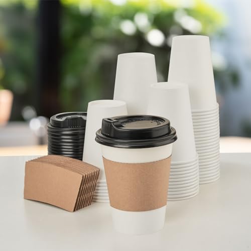 RACETOP [50 pack] 12 oz Disposable Paper Cups with Lids and Sleeves, Ideal for Hot Beverages