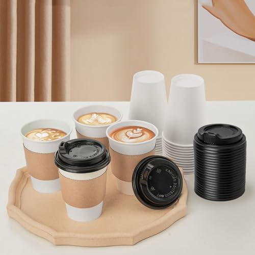 RACETOP [50 pack] 12 oz Disposable Paper Cups with Lids and Sleeves, Ideal for Hot Beverages