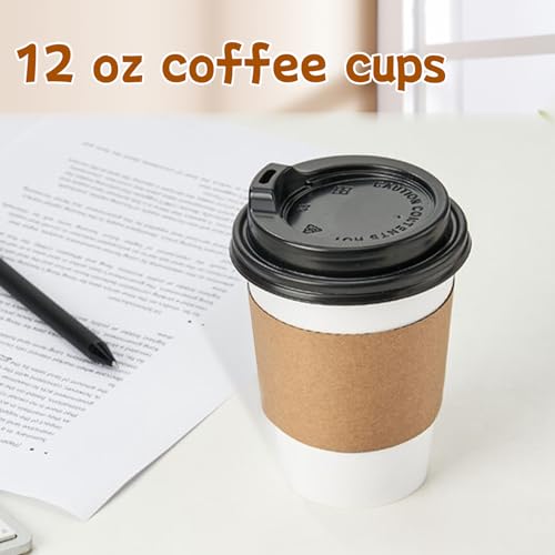 RACETOP [50 pack] 12 oz Disposable Paper Cups with Lids and Sleeves, Ideal for Hot Beverages