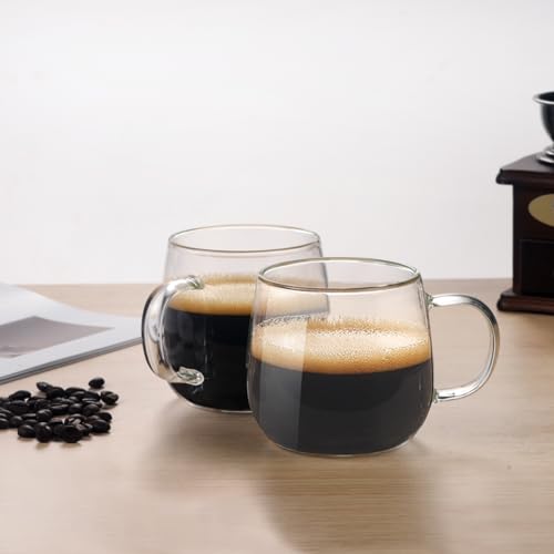 BNUNWISH Clear Glass Coffee Mugs Tea Cups 16OZ set of 4 with Handle, Microwave & Dishwasher Safe, Perfect for Espresso, Latte and Cappuccinos