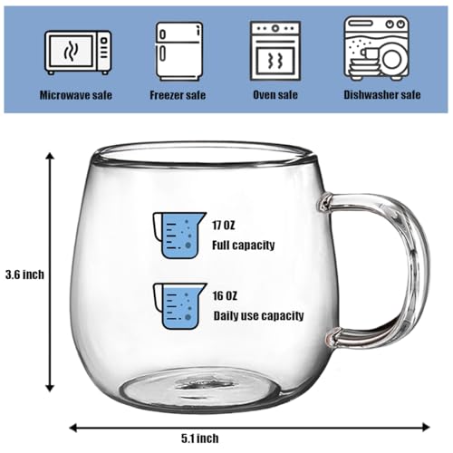 BNUNWISH Clear Glass Coffee Mugs Tea Cups 16OZ set of 4 with Handle, Microwave & Dishwasher Safe, Perfect for Espresso, Latte and Cappuccinos