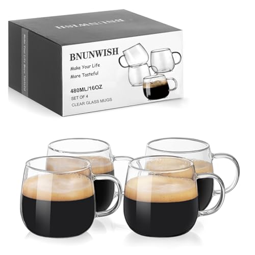 BNUNWISH Clear Glass Coffee Mugs Tea Cups 16OZ set of 4 with Handle, Microwave & Dishwasher Safe, Perfect for Espresso, Latte and Cappuccinos