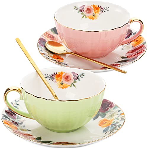 Floral Tea Cups with Gold Trim - Set of 2