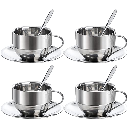 Stainless Steel Espresso Cups with Spoons and Saucers