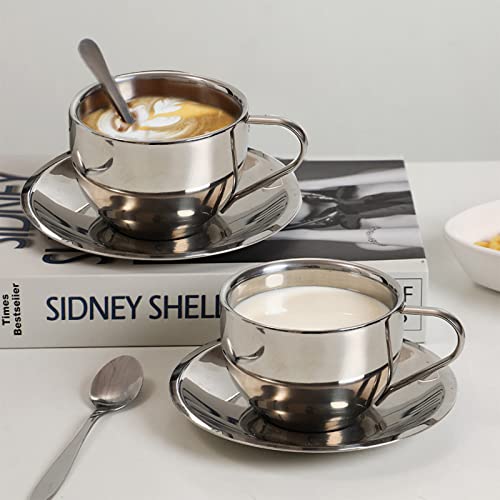 Stainless Steel Espresso Cups with Spoons and Saucers