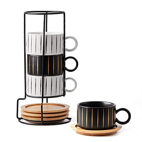 LUKA Porcelain Espresso Cup with Saucer and Metal Stand, 6 Ounce Stackable Ceramic Demitasse Espresso Mugs Cappuccino Cups Set for Latte,Coffee,Cafe Mocha,Tea(Set of 4)