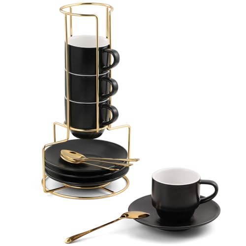 Lareina 4 Ounce Espresso Cups with Saucers, Spoons and Metal Stand, Small Stackable Coffee Cups Set of 4, Ceramic Demitasse Cups for Nespresso Lungo, Double Espresso, Black