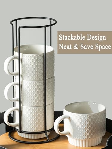 Gomakren Stackable Coffee Mugs Set with Stand, Coffe Cup with Tea Spoon 13 Ounce Cups for Cappuccino Coffee Drinks Tea, Set of 4, White Gift for Man Women 380ml