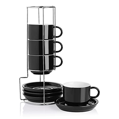 Sweejar Porcelain Cappuccino Cups with Saucers and Metal Stand, 8 Ounce Stackable Espresso Cups for Specialty Coffee Drinks, Latte, Americano, Tea - Set of 4 (Black)