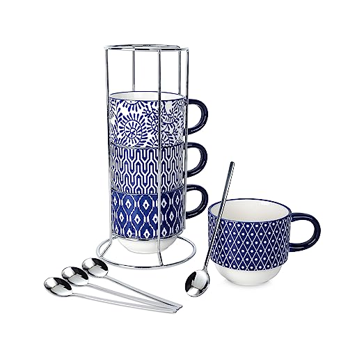 Selamica Ceramic Coffee Mugs Set of 4 with Stand and Spoons, 11 OZ Stackable Cappuccino Cups Perfect for Latte Mocha Tea, Vintage Blue