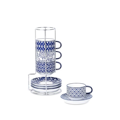 Selamica Ceramic Espresso Cups with Saucers and Metal Stand, 4 OZ Stackable Cappuccino Cups, Demitasse Cups for Latte Coffee Café Mocha Tea, Set of 4, Vintage Blue