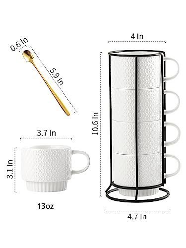 Gomakren Stackable Coffee Mugs Set with Stand, Coffe Cup with Tea Spoon 13 Ounce Cups for Cappuccino Coffee Drinks Tea, Set of 4, White Gift for Man Women 380ml