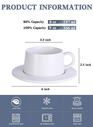 Kanwone Porcelain Stackable Cappuccino Cups with Saucers - 8 Ounce for Specialty Coffee Drinks, Cappuccino, Latte, Americano and Tea - Set of 4, White