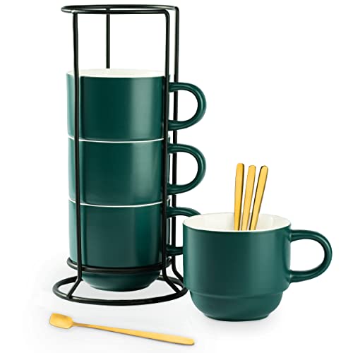 YHOSSEUN Porcelain Coffee Mug Set With Spoons and Metal Rack, 11 Ounces Stacking Cups, Perfect For Coffee Drinks, Latte, Cappuccino,Tea, Set of 4,Dark Green