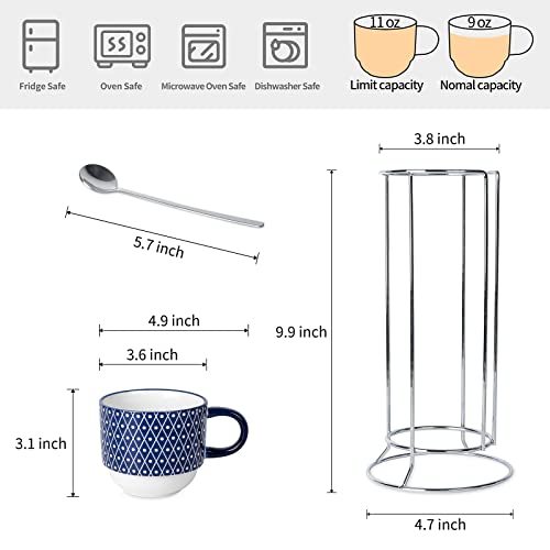 Selamica Ceramic Coffee Mugs Set of 4 with Stand and Spoons, 11 OZ Stackable Cappuccino Cups Perfect for Latte Mocha Tea, Vintage Blue