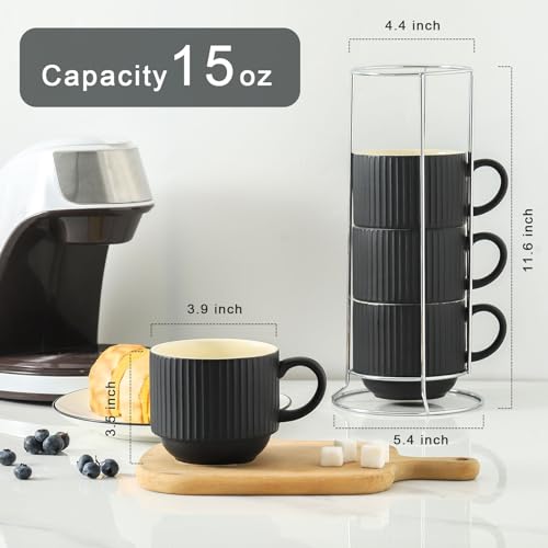 Hasense Coffee Cups Set of 4 with Stand, 15 OZ Ceramic Stackable Coffee Mugs with Handle for Tea, Cocoa, Cappuccino and Latte, Porcelain Vertical Stripe Coffee Cups for Men and Women, Matte Black