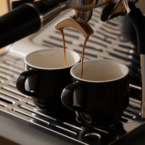 Lareina 4 Ounce Espresso Cups with Saucers, Spoons and Metal Stand, Small Stackable Coffee Cups Set of 4, Ceramic Demitasse Cups for Nespresso Lungo, Double Espresso, Black